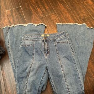 Denim Frayed Hem Wide Leg Jeans